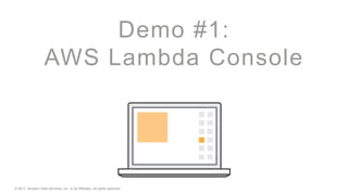 © 2017, Amazon Web Services, Inc. or its Affiliates. All rights reserved.
Demo #1:
AWS Lambda Console
 