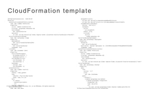 © 2017, Amazon Web Services, Inc. or its Affiliates. All rights reserved.
CloudFormation template
AWSTemplateFormatVersion: '2010-09-09'
Resources:
GetHtmlFunctionGetHtmlPermissionProd:
Type: AWS::Lambda::Permission
Properties:
Action: lambda:invokeFunction
Principal: apigateway.amazonaws.com
FunctionName:
Ref: GetHtmlFunction
SourceArn:
Fn::Sub: arn:aws:execute-api:${AWS::Region}:${AWS::AccountId}:${ServerlessRestApi}/Prod/ANY/*
ServerlessRestApiProdStage:
Type: AWS::ApiGateway::Stage
Properties:
DeploymentId:
Ref: ServerlessRestApiDeployment
RestApiId:
Ref: ServerlessRestApi
StageName: Prod
ListTable:
Type: AWS::DynamoDB::Table
Properties:
ProvisionedThroughput:
WriteCapacityUnits: 5
ReadCapacityUnits: 5
AttributeDefinitions:
- AttributeName: id
AttributeType: S
KeySchema:
- KeyType: HASH
AttributeName: id
GetHtmlFunction:
Type: AWS::Lambda::Function
Properties:
Handler: index.gethtml
Code:
S3Bucket: flourish-demo-bucket
S3Key: todo_list.zip
Role:
Fn::GetAtt:
- GetHtmlFunctionRole
- Arn
Runtime: nodejs4.3
GetHtmlFunctionRole:
Type: AWS::IAM::Role
ManagedPolicyArns:
- arn:aws:iam::aws:policy/AmazonDynamoDBReadOnlyAccess
- arn:aws:iam::aws:policy/service-role/AWSLambdaBasicExecutionRole
AssumeRolePolicyDocument:
Version: '2012-10-17'
Statement:
- Action:
- sts:AssumeRole
Effect: Allow
Principal:
Service:
- lambda.amazonaws.com
ServerlessRestApiDeployment:
Type: AWS::ApiGateway::Deployment
Properties:
RestApiId:
Ref: ServerlessRestApi
Description: 'RestApi deployment id: 127e3fb91142ab1ddc5f5446adb094442581a90d'
StageName: Stage
GetHtmlFunctionGetHtmlPermissionTest:
Type: AWS::Lambda::Permission
Properties:
Action: lambda:invokeFunction
Principal: apigateway.amazonaws.com
FunctionName:
Ref: GetHtmlFunction
SourceArn:
Fn::Sub: arn:aws:execute-api:${AWS::Region}:${AWS::AccountId}:${ServerlessRestApi}/*/ANY/*
ServerlessRestApi:
Type: AWS::ApiGateway::RestApi
Properties:
Body:
info:
version: '1.0'
title:
Ref: AWS::StackName
paths:
"/{proxy+}":
x-amazon-apigateway-any-method:
x-amazon-apigateway-integration:
httpMethod: ANY
type: aws_proxy
uri:
Fn::Sub: arn:aws:apigateway:${AWS::Region}:lambda:path/2015-03-
31/functions/${GetHtmlFunction.Arn}/invocations
 