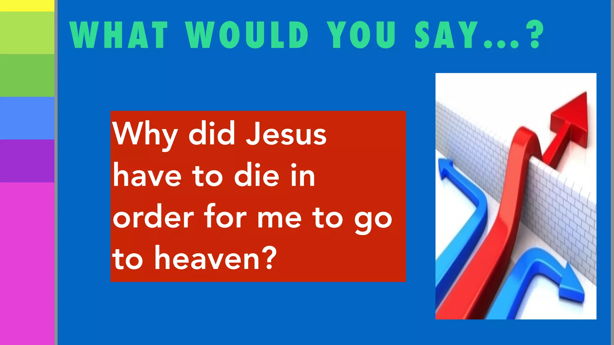 WHAT WOULD YOU SAY…?
Why did Jesus
have to die in
order for me to go
to heaven?
 