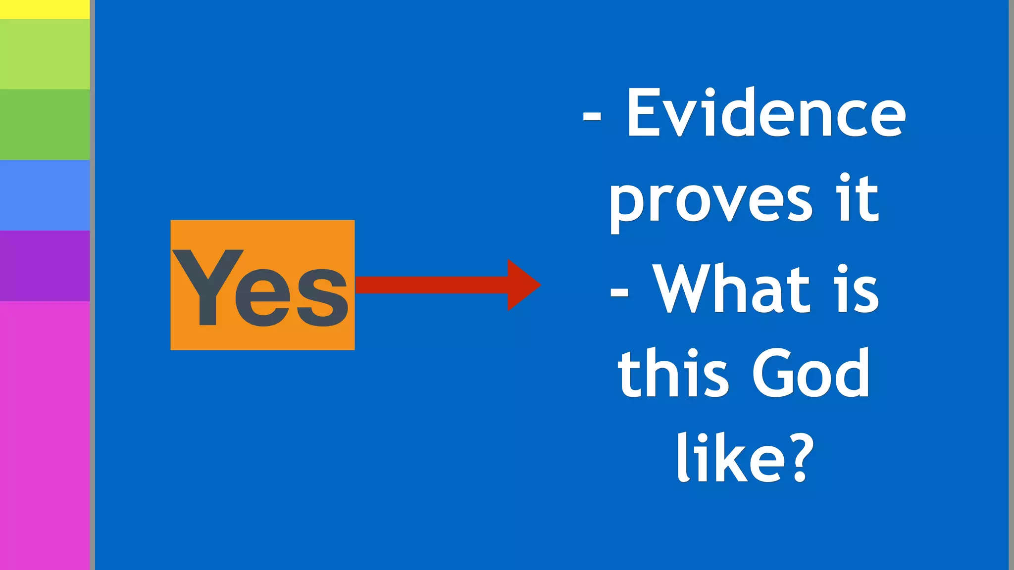 Yes
- Evidence
proves it
- What is
this God
like?
 