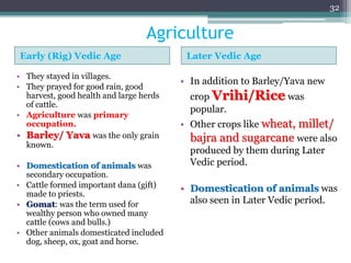 Agriculture
Early (Rig) Vedic Age Later Vedic Age
• They stayed in villages.
• They prayed for good rain, good
harvest, good health and large herds
of cattle.
• Agriculture was primary
occupation.
• Barley/ Yava was the only grain
known.
• Domestication of animals was
secondary occupation.
• Cattle formed important dana (gift)
made to priests.
• Gomat: was the term used for
wealthy person who owned many
cattle (cows and bulls.)
• Other animals domesticated included
dog, sheep, ox, goat and horse.
• In addition to Barley/Yava new
crop Vrihi/Rice was
popular.
• Other crops like wheat, millet/
bajra and sugarcane were also
produced by them during Later
Vedic period.
• Domestication of animals was
also seen in Later Vedic period.
32
 