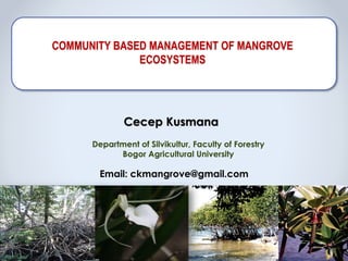 COMMUNITY BASED MANAGEMENT OF MANGROVE
ECOSYSTEMS
Cecep Kusmana
Department of Silvikultur, Faculty of Forestry
Bogor Agricultural University
Email: ckmangrove@gmail.com
 
