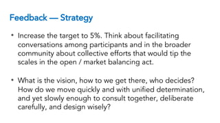 Feedback — Strategy
• Increase the target to 5%. Think about facilitating
conversations among participants and in the broader
community about collective efforts that would tip the
scales in the open / market balancing act.
• What is the vision, how to we get there, who decides?
How do we move quickly and with unified determination,
and yet slowly enough to consult together, deliberate
carefully, and design wisely?
 