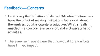 Feedback — Concerns
• Expanding the definition of shared OA infrastructure may
have the effect of making institutions feel good about
themselves, but it is counterproductive. What is really
needed is a comprehensive vision, not a disparate list of
activities.
• The exercise made it clear that individual library efforts
have limited impact.
 