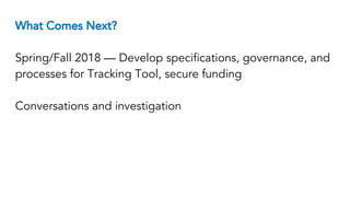 What Comes Next?
Spring/Fall 2018 — Develop specifications, governance, and
processes for Tracking Tool, secure funding
Conversations and investigation
 