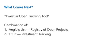 What Comes Next?
“Invest in Open Tracking Tool”
Combination of:
1. Angie’s List — Registry of Open Projects
2. FitBit — Investment Tracking
 