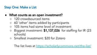 Step One: Make a List
● What counts as an open investment?
○ 120 crowdsourced items
○ 60 ‘other’ items added by participan...