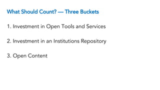 What Should Count? — Include for-Profits?
Much debate
Likely for repositories — OCLC versus Bepress, Atmire or
Ubiquity
On...