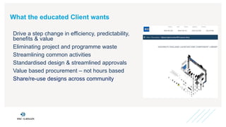 What the educated Client wants
Drive a step change in efficiency, predictability,
benefits & value
Eliminating project and programme waste
Streamlining common activities
Standardised design & streamlined approvals
Value based procurement – not hours based
Share/re-use designs across community
 