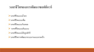 วงจรชีวิตของการพัฒนาซอฟต์แวร์
➢วงจรชีวิตแบบน้าตก
➢วงจรชีวิตแบบเพิ่ม
➢วงจรชีวิตแบบก้นหอย
➢ วงจรชีวิตแบบต้นแบบ
➢วงจรชีวิตแบบโค้งรูปตัววี
➢วงจรชีวิตการพัฒนาระบบงานแบบรวดเร็ว
 