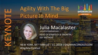 Julia Macalasterjulia@defmethod.com
HEAD OF STRATEGY & GROWTH,
DEF METHOD
NEW YORK, NY ~ MAY 10 – 11, 2018 | DIGIMARCONEAST.COM
#DigiMarConEast
Agility With The Big
Picture in Mind
KEYNOTE
 