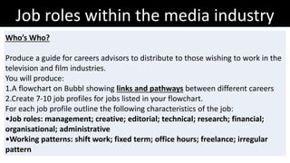 Job roles within the media industry
Who’s Who?
Produce a guide for careers advisors to distribute to those wishing to work in the
television and film industries.
You will produce:
1.A flowchart on Bubbl showing links and pathways between different careers
2.Create 7-10 job profiles for jobs listed in your flowchart.
For each job profile outline the following characteristics of the job:
•Job roles: management; creative; editorial; technical; research; financial;
organisational; administrative
•Working patterns: shift work; fixed term; office hours; freelance; irregular
pattern
 