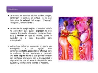 Entonces….
• La manera en que los adultos cuidan, acojan,
contengan y calmen al niño/a es lo que
determina la calidad del apego (“seguro”,
“inseguro”, “ambivalente”).
• Se desarrolla apego seguro cuando el niño/a
ha aprendido que puede expresar lo que
necesita (consuelo, alimento, contacto físico,
etc.) y confiar en que su madre, padre o
cuidador va a estar disponible para
entregárselo.
• A través de todos los momentos en que le vas
entregando a tu hijo(a) una
contención estable, predecible y efectiva para
su malestar, lo vas ayudando a construir
una base segura desde la cual puede conocer
con confianza el mundo, con la tranquilidad y
seguridad en que tú estarás disponible para
ayudarlo y acompañarlo cuando lo necesite.
 