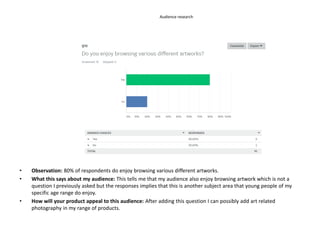 Audience research
• Observation: 80% of respondents do enjoy browsing various different artworks.
• What this says about my audience: This tells me that my audience also enjoy browsing artwork which is not a
question I previously asked but the responses implies that this is another subject area that young people of my
specific age range do enjoy.
• How will your product appeal to this audience: After adding this question I can possibly add art related
photography in my range of products.
 