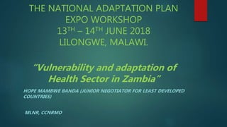 THE NATIONAL ADAPTATION PLAN
EXPO WORKSHOP
13TH – 14TH JUNE 2018
LILONGWE, MALAWI.
“Vulnerability and adaptation of
Health Sector in Zambia”
HOPE MAMBWE BANDA (JUNIOR NEGOTIATOR FOR LEAST DEVELOPED
COUNTRIES)
MLNR, CCNRMD
 