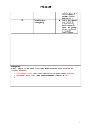 Proposal
3
production planning to
compare whether I
managed to create
what I wanted to.
10 Development +
Contingency
 Analyse any risks that
were involved, for
example not being
able to capture any
photos I was satisfied
with and how I would
of managed if I
couldn’t get them.
Bibliography
At least 7 sources total and should include books, videos/films/video games, magazines and
newspaper articles etc.
1. Aaron Johnson. (2018) Target Audience Research Survey (conducted on 14/06/2018)
2. Interviewees, Name. (2018) Target Audience Interviews (conducted on DATE)
3.
 