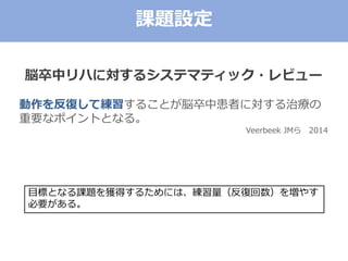 課題設定
脳卒中リハに対するシステマティック・レビュー
動作を反復して練習することが脳卒中患者に対する治療の
重要なポイントとなる。
Veerbeek JMら 2014
目標となる課題を獲得するためには、練習量（反復回数）を増やす
必要がある。
 