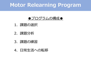 Motor Relearning Program
●プログラムの構成●
1．課題の選択
2．課題分析
3．課題の練習
4．日常生活への転移
 