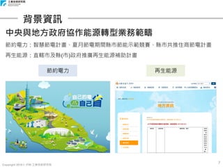 Copyright 2018 © ITRI 工業技術研究院
7
背景資訊
中央與地方政府協作能源轉型業務範疇
節約電力：智慧節電計畫、夏月節電期間縣市節能示範競賽、縣市共推住商節電計畫
再生能源：直轄市及縣(市)政府推廣再生能源補助計畫
節約電力 再生能源
 