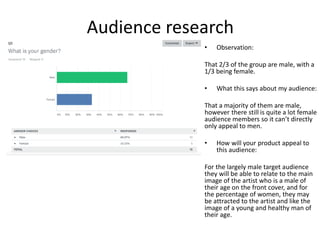 Audience research
• Observation:
That 2/3 of the group are male, with a
1/3 being female.
• What this says about my audience:
That a majority of them are male,
however there still is quite a lot female
audience members so it can’t directly
only appeal to men.
• How will your product appeal to
this audience:
For the largely male target audience
they will be able to relate to the main
image of the artist who is a male of
their age on the front cover, and for
the percentage of women, they may
be attracted to the artist and like the
image of a young and healthy man of
their age.
 