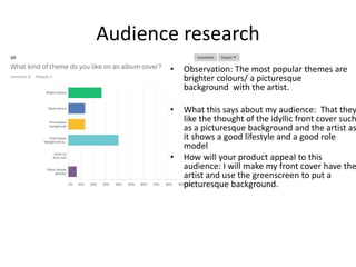 Audience research
• Observation: The most popular themes are
brighter colours/ a picturesque
background with the artist.
• What this says about my audience: That they
like the thought of the idyllic front cover such
as a picturesque background and the artist as
it shows a good lifestyle and a good role
model
• How will your product appeal to this
audience: I will make my front cover have the
artist and use the greenscreen to put a
picturesque background.
 