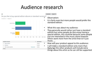Audience research
• Observation:
• It is fairly even but more people would prefer the
standard edition.
• What this says about my audience:
• They generally would rather just have a standard
edition but some people do also enjoy having a
special edition, this could be because some people
just are interested in the music alone however
others want more from the artist that isn't just
music.
• How will your product appeal to this audience:
• I will make a standard edition only more than
likely but the other products will include extra
things about the artist so he can still be supported.
 