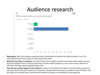 Audience research
• Observation: 90% of my audience would purchase a book based on whether they liked the blurb or not. The
remaining 10% would buy a book if it had a ‘good book cover’.
• What this says about my audience: The Vast majority of the audience would much rather prefer a good, enticing
blurb that intrigues them to read the book than any other material aspect to a cover, front or back. But there is
10% that encourage a good, appealing book cover.
• How will your product appeal to this audience: I will put a lot of effort and research into what makes a good and
successful blurb and hope it inspires me to produce a synopsis that will compel my audience to buy the book. I will
also make sure my book cover is polished and professional looking, and hopefully visually appealing.
 