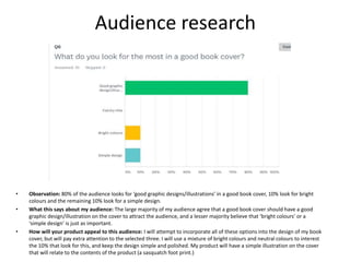 Audience research
• Observation: 80% of the audience looks for ‘good graphic designs/illustrations’ in a good book cover, 10% look for bright
colours and the remaining 10% look for a simple design.
• What this says about my audience: The large majority of my audience agree that a good book cover should have a good
graphic design/illustration on the cover to attract the audience, and a lesser majority believe that ‘bright colours’ or a
‘simple design’ is just as important.
• How will your product appeal to this audience: I will attempt to incorporate all of these options into the design of my book
cover, but will pay extra attention to the selected three. I will use a mixture of bright colours and neutral colours to interest
the 10% that look for this, and keep the design simple and polished. My product will have a simple illustration on the cover
that will relate to the contents of the product (a sasquatch foot print.)
 