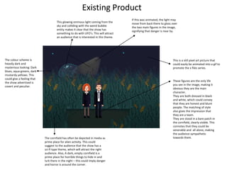 Existing Product
This is a still pixel art picture that
could easily be animated into a gif to
promote the x files series.
These figures are the only life
you see in the image, making it
obvious they are the main
character.
They are both dressed in black
and white, which could convey
that they are honest and blunt
people. The matching of style
also gives the impression that
they are a team.
They are stood in a bare patch in
the cornfield, clearly visible. This
connotes that they could be
venerable and all alone, making
the audience sympathetic
towards them.The cornfield has often be depicted in media as
prime place for alien activity. This could
suggest to the audience that the show has a
sci-fi type theme, which will attract the right
audience. Also, A dark, empty cornfield is a
prime place for horrible things to hide in and
lurk there in the night – this could imply danger
and horror is around the corner.
The colour scheme is
heavily dark and
mysterious looking: Dark
blues, aqua-greens, dark
mustardy yellows. This
could give a feeling that
the show advertised is
covert and peculiar.
This glowing ominous light coming from the
sky and colliding with the weird bubble
entity makes it clear that the show has
something to do with UFO’s. This will attract
an audience that is interested in this theme.
If this was animated, the light may
move from back there to gloss over
the two main figures in the image,
signifying that danger is near by.
 