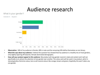 Audience research
• Observation: 50% of my audience is female, 40% is male and the remaining 10% define themselves as non-binary.
• What this says about my audience: I believe this question has showed that my audience is a healthy mix of most genders,
only slightly tapering off towards a female dominated demographic.
• How will your product appeal to this audience: My product will stay gender neutral in style and content and I will not
specifically try to attract the attention of one gender over another. The colour pink will be used in my product, which is
stereotypically a feminine colour, but so will neutral colours like orange, brown and green; Hopefully, this won’t deter any
one gender.
 