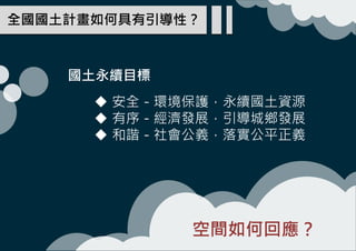 國土永續目標
全國國土計畫如何具有引導性？
 安全－環境保護，永續國土資源
 有序－經濟發展，引導城鄉發展
 和諧－社會公義，落實公平正義
空間如何回應？
 