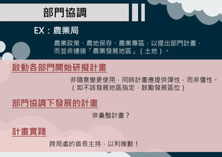 部門協調
EX：農業局
農業政策、農地保存、農業專區，以提出部門計畫，
而並非連接「農業發展地區」（土地）。
啟動各部門開始研擬計畫
非隨意變更使用，同時計畫應提供彈性，而非僵性。
（如不該發展地區指定，鼓勵發展區位）
部門協調下發展的計畫
非彙整計畫？
計畫實踐
跨局處的首長主持，以利推動！
 