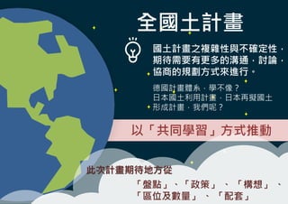 全國土計畫
國土計畫之複雜性與不確定性，
期待需要有更多的溝通，討論，
協商的規劃方式來進行。
德國計畫體系，學不像？
日本國土利用計畫，日本再擬國土
形成計畫，我們呢？
以「共同學習」方式推動
此次計畫期待地方從
「盤點」、「政策」 、 「構想」 、
「區位及數量」 、 「配套」
 