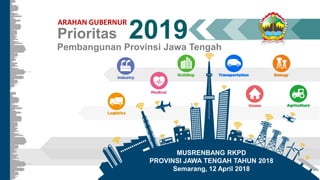 2019Pembangunan Provinsi Jawa Tengah
Prioritas
MUSRENBANG RKPD
PROVINSI JAWA TENGAH TAHUN 2018
Semarang, 12 April 2018
ARAHAN GUBERNUR
 