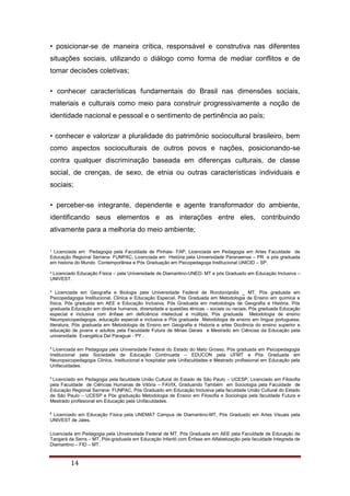 ¹ Licenciada em Pedagogia pela Faculdade de Pinhais- FAP, Licenciada em Pedagogia em Artes Faculdade de
Educação Regional Serrana- FUNPAC, Licenciada em História pela Universidade Paranaense – PR e pós graduada
em historia do Mundo Contemporânea e Pós Graduação em Psicopedagoga Institucional UNICID – SP.
² Licenciado Educação Física – pela Universidade de Diamantino-UNED- MT e pós Graduado em Educação Inclusiva –
UNIVEST.
³ Licenciada em Geografia e Biologia pela Universidade Federal de Rondonópolis _ MT, Pós graduada em
Psicopedagogia Institucional, Clinica e Educação Especial, Pós Graduada em Metodologia de Ensino em química e
física, Pós graduada em AEE e Educação Inclusiva, Pós Graduada em metodologia de Geografia e História, Pós
graduada Educação em direitos humanos, diversidade e questões étnicas – sociais ou raciais, Pós graduada Educação
especial e inclusiva com ênfase em deficiência intelectual e múltipla, Pós graduada Metodologia de ensino
Neuropsicopedagogia, educação especial e inclusiva e Pós graduada Metodologia de ensino em língua portuguesa,
literatura, Pós graduada em Metodologia de Ensino em Geografia e Historia e artes Docência do ensino superior e
educação de jovens e adultos pela Faculdade Futura de Minas Gerais e Mestrado em Ciências da Educação pela
universidade Evangélica Del Paraguai - PY .
4
Licenciada em Pedagogia pela Universidade Federal do Estado do Mato Grosso, Pós graduada em Psicopedagogia
Institucional pela Sociedade de Educação Continuada – EDUCON pela UFMT e Pós Graduada em
Neuropsicopedagogia Clinica, Institucional e hospitalar pela Unifaculdades e Mestrado profissional em Educação pela
Unifaculdades.
5
Licenciado em Pedagogia pela faculdade União Cultural do Estado de São Paulo – UCESP, Licenciado em Filosofia
pela Faculdade de Ciências Humanas de Vitória – FAVIX, Graduando Também em Sociologia pela Faculdade de
Educação Regional Serrana- FUNPAC, Pós Graduado em Educação Inclusiva pela faculdade União Cultural do Estado
de São Paulo – UCESP e Pós graduação Metodologia de Ensino em Filosofia e Sociologia pela faculdade Futura e
Mestrado profissional em Educação pela Unifaculdades.
6
Licenciado em Educação Física pela UNEMAT Campus de Diamantino-MT, Pós Graduado em Artes Visuais pela
UNIVEST de Jales.
Licenciada em Pedagogia pela Universidade Federal de MT, Pós Graduada em AEE pela Faculdade de Educação de
Tangará da Serra – MT, Pós-graduada em Educação Infantil com Ênfase em Alfabetização pela faculdade Integrada de
Diamantino – FID – MT.
14
• posicionar-se de maneira crítica, responsável e construtiva nas diferentes
situações sociais, utilizando o diálogo como forma de mediar conflitos e de
tomar decisões coletivas;
• conhecer características fundamentais do Brasil nas dimensões sociais,
materiais e culturais como meio para construir progressivamente a noção de
identidade nacional e pessoal e o sentimento de pertinência ao país;
• conhecer e valorizar a pluralidade do patrimônio sociocultural brasileiro, bem
como aspectos socioculturais de outros povos e nações, posicionando-se
contra qualquer discriminação baseada em diferenças culturais, de classe
social, de crenças, de sexo, de etnia ou outras características individuais e
sociais;
• perceber-se integrante, dependente e agente transformador do ambiente,
identificando seus elementos e as interações entre eles, contribuindo
ativamente para a melhoria do meio ambiente;
 