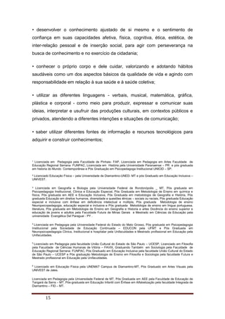 ¹ Licenciada em Pedagogia pela Faculdade de Pinhais- FAP, Licenciada em Pedagogia em Artes Faculdade de
Educação Regional Serrana- FUNPAC, Licenciada em História pela Universidade Paranaense – PR e pós graduada
em historia do Mundo Contemporânea e Pós Graduação em Psicopedagoga Institucional UNICID – SP.
² Licenciado Educação Física – pela Universidade de Diamantino-UNED- MT e pós Graduado em Educação Inclusiva –
UNIVEST.
³ Licenciada em Geografia e Biologia pela Universidade Federal de Rondonópolis _ MT, Pós graduada em
Psicopedagogia Institucional, Clinica e Educação Especial, Pós Graduada em Metodologia de Ensino em química e
física, Pós graduada em AEE e Educação Inclusiva, Pós Graduada em metodologia de Geografia e História, Pós
graduada Educação em direitos humanos, diversidade e questões étnicas – sociais ou raciais, Pós graduada Educação
especial e inclusiva com ênfase em deficiência intelectual e múltipla, Pós graduada Metodologia de ensino
Neuropsicopedagogia, educação especial e inclusiva e Pós graduada Metodologia de ensino em língua portuguesa,
literatura, Pós graduada em Metodologia de Ensino em Geografia e Historia e artes Docência do ensino superior e
educação de jovens e adultos pela Faculdade Futura de Minas Gerais e Mestrado em Ciências da Educação pela
universidade Evangélica Del Paraguai - PY .
4
Licenciada em Pedagogia pela Universidade Federal do Estado do Mato Grosso, Pós graduada em Psicopedagogia
Institucional pela Sociedade de Educação Continuada – EDUCON pela UFMT e Pós Graduada em
Neuropsicopedagogia Clinica, Institucional e hospitalar pela Unifaculdades e Mestrado profissional em Educação pela
Unifaculdades.
5
Licenciado em Pedagogia pela faculdade União Cultural do Estado de São Paulo – UCESP, Licenciado em Filosofia
pela Faculdade de Ciências Humanas de Vitória – FAVIX, Graduando Também em Sociologia pela Faculdade de
Educação Regional Serrana- FUNPAC, Pós Graduado em Educação Inclusiva pela faculdade União Cultural do Estado
de São Paulo – UCESP e Pós graduação Metodologia de Ensino em Filosofia e Sociologia pela faculdade Futura e
Mestrado profissional em Educação pela Unifaculdades.
6
Licenciado em Educação Física pela UNEMAT Campus de Diamantino-MT, Pós Graduado em Artes Visuais pela
UNIVEST de Jales.
Licenciada em Pedagogia pela Universidade Federal de MT, Pós Graduada em AEE pela Faculdade de Educação de
Tangará da Serra – MT, Pós-graduada em Educação Infantil com Ênfase em Alfabetização pela faculdade Integrada de
Diamantino – FID – MT.
15
• desenvolver o conhecimento ajustado de si mesmo e o sentimento de
confiança em suas capacidades afetiva, física, cognitiva, ética, estética, de
inter-relação pessoal e de inserção social, para agir com perseverança na
busca de conhecimento e no exercício da cidadania;
• conhecer o próprio corpo e dele cuidar, valorizando e adotando hábitos
saudáveis como um dos aspectos básicos da qualidade de vida e agindo com
responsabilidade em relação à sua saúde e à saúde coletiva;
• utilizar as diferentes linguagens - verbais, musical, matemática, gráfica,
plástica e corporal - como meio para produzir, expressar e comunicar suas
ideias, interpretar e usufruir das produções culturais, em contextos públicos e
privados, atendendo a diferentes intenções e situações de comunicação;
• saber utilizar diferentes fontes de informação e recursos tecnológicos para
adquirir e construir conhecimentos;
 