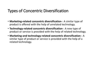 Types of Concentric Diversification
• Marketing-related concentric diversification-: A similar type of
product is offered with the help of unrelated technology.
• Technology-related concentric diversification-: A new type of
product or service is provided with the help of related technology.
• Marketing-and technology-related concentric diversification-: A
similar type of product or service is provided with the help of a
related technology.
 