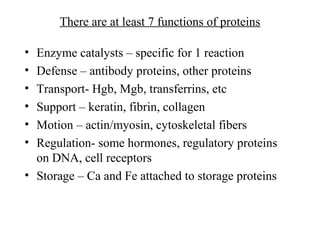 There are at least 7 functions of proteins
• Enzyme catalysts – specific for 1 reaction
• Defense – antibody proteins, other proteins
• Transport- Hgb, Mgb, transferrins, etc
• Support – keratin, fibrin, collagen
• Motion – actin/myosin, cytoskeletal fibers
• Regulation- some hormones, regulatory proteins
on DNA, cell receptors
• Storage – Ca and Fe attached to storage proteins
 