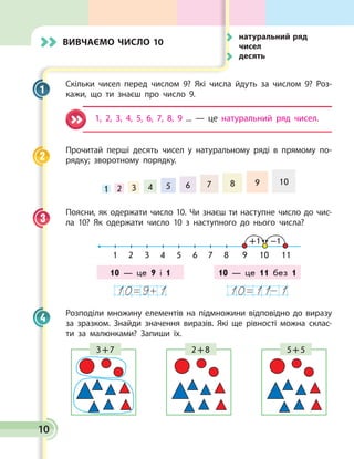 10
Вивчаємо число 10
Скільки чисел перед числом 9? Які числа йдуть за числом 9? Роз­
кажи, що ти знаєш про число 9.
1, 2, 3, 4, 5, 6, 7, 8, 9 ... — це натуральний ряд чисел.
Прочитай перші десять чисел у натуральному ряді в прямому по­
рядку; зворотному порядку.
1 2 3 4 5 6 7 8 9 10
Поясни, як одержати число 10. Чи знаєш ти наступне число до чис­
ла 10? Як одержати число 10 з наступного до нього числа?
1	 2	 3	 4	 5	 6	 7	 8	 9	 10	 11
+1 –1
10 — це 9 і 1 10 — це 11 без 1
Розподіли множину елементів на підмножини відповідно до виразу
за зразком. Знайди значення виразів. Які ще рівності можна склас­
ти за малюнками? Запиши їх.
2 + 8 5 + 53 + 7
1
2
3
4
	натуральний ряд
чисел
	десять
 