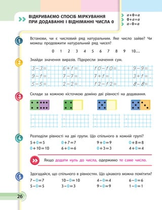 26
Встанови, чи є числовий ряд натуральним. Яке число зайве? Чи
можеш продовжити натуральний ряд чисел?
	 0 1 2 3 4 5 6 7 8 9 10...
Знайди значення виразів. Підкресли значення сум.
. . . .
. . . .
. . . 8- 8 .
Склади за кожною кісточкою доміно дві рівності на додавання.
.
.
.
.
.
.
.
.
Розподіли рівності на дві групи. Що спільного в кожній групі?
5 + 0 = 5	 0 + 7 = 7	 9 + 0 = 9	 0 + 8 = 8
0 + 10 = 10	 6 + 0 = 6	 0 + 3 = 3	 4 + 0 = 4
Якщо додати нуль до числа, одержимо те саме число.
Здогадайся, що спільного в рівностях. Що цікавого можна помітити?
7 – 0 = 7	 10 – 0 = 10	 4 – 0 = 4	 6 – 0 = 6 
5 – 0 = 5	 3 – 0 = 3	 9 – 0 = 9	 1 – 0 = 1
1
2
3
4
5
Відкриваємо спосіб міркування
при додаванні і відніманні числа 0
	 а + 0 = а
	 0 + а = а
	 а – 0 = а
26
 