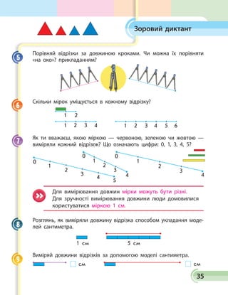 35
Зоровий диктант
Порівняй відрізки за довжиною кроками. Чи можна їх порівняти
«на око»? прикладанням?
Скільки мірок уміщується в кожному відрізку?
1          2 	   3      4     5         6
1	 2
1	 2	 3	 4
Як ти вважаєш, якою міркою — червоною, зеленою чи жовтою —
виміряли кожний відрізок? Що означають цифри: 0, 1, 3, 4, 5?
4
5
3
2
0
1
0
2
3
4
1
4
3
2
0
1
Для вимірювання довжин мірки можуть бути різні.
Для зручності вимірювання довжини люди домовилися
користуватися міркою 1 см.
Розглянь, як виміряли довжину відрізка способом укладання моде­
лей сантиметра.
1 см 5 см
Виміряй довжини відрізків за допомогою моделі сантиметра.
см см
5
6
7
8
9
 