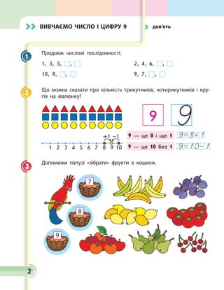 2
Продовж числові послідовності.
1, 3, 5, , 		 2, 4, 6, ,
10, 8, , 		 9, 7, ,
Що можна сказати про кількість трикутників, чотирикутників і  кру­
гів на малюнку? 
Число і цифра 8
1. Хлопчик підкреслив числа, менші 7. Відшукай помилку.
1 2 3 4 5 6 7 8 9 10
2. Що спільне між виразами? Розкажи, що ти знаєш про число 7.
3. Що можна сказати про кількість трикутників, чотирикутників та
кругів?
+ 1 - 1
1 2 3 4 5 6 7 8 9
4. Перевір, чи правильно позначили кількість тварин цифрою?
5. Перевір, чи правильно знайдено значення виразів за числовим променем?
Друкована 
цифра 8 
Кожна наступна цифра вища за 
попередню 
8 – це 9 без 18 – це 7 і ще 1
8 = 7 + 1 8 = 9 - 1
5 метеликів  3 зайця  1 кріт 7 білочок 
1  2  3  4  5  6  7  8 
4 їжачка  8 бабок
На дубових листках записані вирази: 
6 +1    5 + 2    1 + 6     8 – 1  
2. Поміркуй, як одержати наступне число. Чому складено рівності на
додавання? Склади інші рівності.
1 2 3 4 5 6 7 8 9 10
+ 1 + 1 + 1 + 1
2 + 1 = 3 4 + 1 = 5 6 + 1 =7 8+ 1 = 9
3. Поміркуй, як одержати попереднє число. Чому складено рівності на
віднімання? Склади інші рівності.
-1 -1 -1 -1
1 2 3 4 5 6 7 8 9 10
3 – 1 = 2 5 – 1 = 4 7 – 1 = 6 9 – 1 = 8
4. Скільки трикутників, чотирикутників, кругів?
Для того, щоб отримати наступне число, треба додати 1.
Для того, щоб отримати попереднє число, треба відняти 1.
Друков
ана 
цифра 6 
9
9 — це 8 і ще 1
9 — це 10 без 1
+1 –1
1 2 3 5 7 9 104 6 8
Допоможи папузі «зібрати» фрукти в кошики.
1
2
3
вивчаємо Число і цифру 9 	дев’ять
 