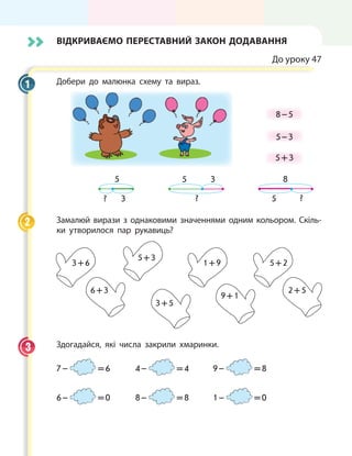 Відкриваємо переставний закон додавання
До уроку 47
Добери до малюнка схему та вираз.
5
8
?
5 3
?? 3
5
8 – 5
5 – 3
5 + 3
Замалюй вирази з однаковими значеннями одним кольором. Скіль-
ки утворилося пар рукавиць?
3 + 6
6 + 3
5 + 3
3 + 5
1 + 9
9 + 1
5 + 2
2 + 5
Здогадайся, які числа закрили хмаринки.
7 –   = 6	 4 –   = 4	 9 –   = 8
6 –   = 0	 8 –   = 8	 1 –   = 0
1
2
3
 