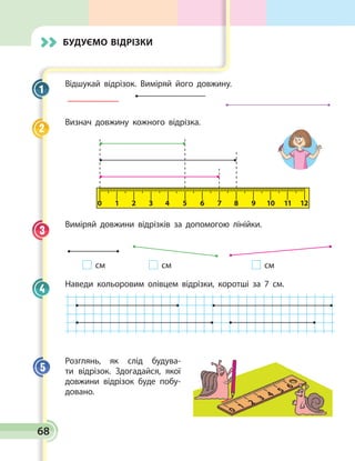 68
Будуємо відрізки
Відшукай відрізок. Виміряй його довжину.
Визнач довжину кожного відрізка.
0 1 2 3 4 5 6 7 8 9 10 11 12
Виміряй довжини відрізків за допомогою лінійки.
см см см
Наведи кольоровим олівцем відрізки, коротші за 7 см.
Розглянь, як слід будува­
ти відрізок. Здогадайся, якої
довжини відрізок буде побу­
довано.
1
2
3
4
5
5 6
0 1 2 3 4
 