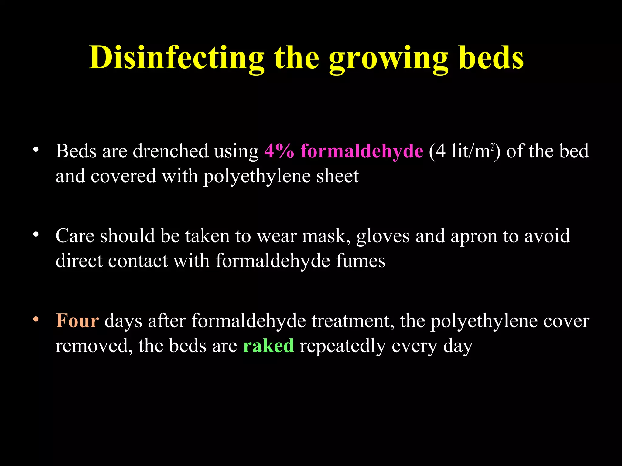 Disinfecting the growing beds
• Beds are drenched using 4% formaldehyde (4 lit/m2
) of the bed
and covered with polyethylene sheet
• Care should be taken to wear mask, gloves and apron to avoid
direct contact with formaldehyde fumes
• Four days after formaldehyde treatment, the polyethylene cover
removed, the beds are raked repeatedly every day
 