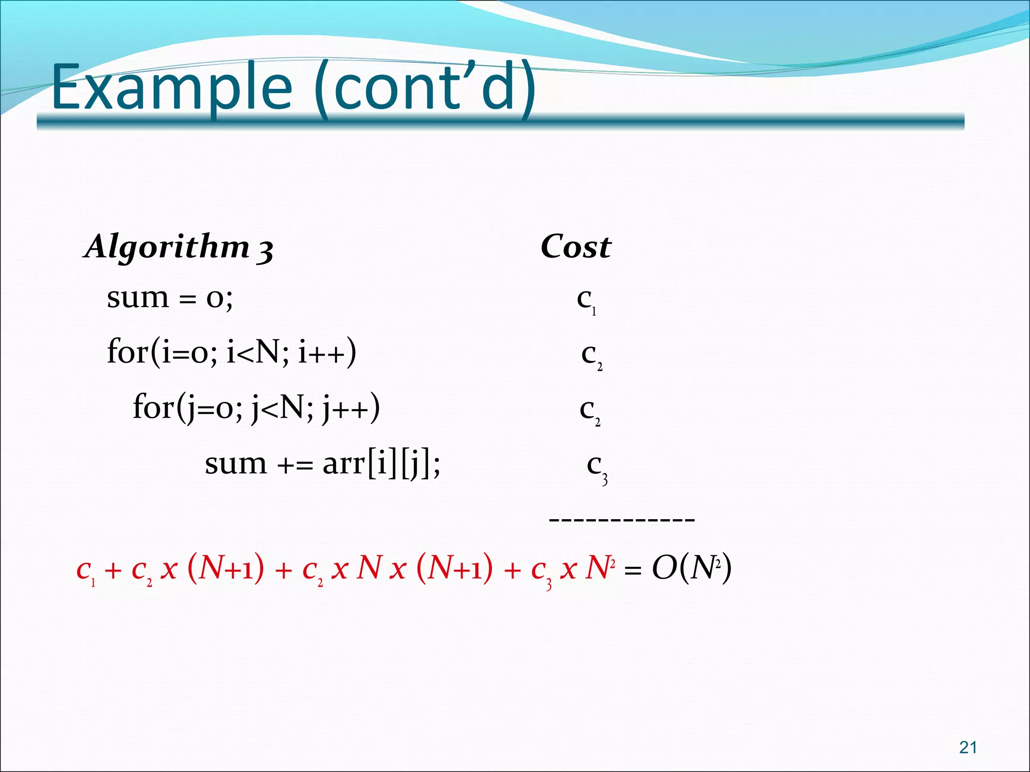 Example (cont’d)
Algorithm 3 Cost
sum = 0; c1
for(i=0; i<N; i++) c2
for(j=0; j<N; j++) c2
sum += arr[i][j]; c3
------------
c1 + c2 x (N+1) + c2 x N x (N+1) + c3 x N2
= O(N2
)
21
 