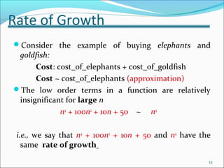 Rate of Growth
Consider the example of buying elephants and
goldfish:
Cost: cost_of_elephants + cost_of_goldfish
Cost ~ cost_of_elephants (approximation)
The low order terms in a function are relatively
insignificant for large n
n4
+ 100n2
+ 10n + 50 ~ n4
i.e., we say that n4
+ 100n2
+ 10n + 50 and n4
have the
same rate of growth
11
 