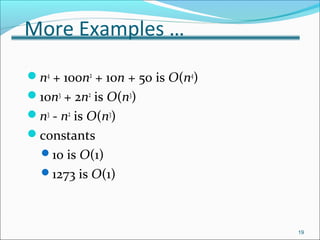 More Examples …
n4
+ 100n2
+ 10n + 50 is O(n4
)
10n3
+ 2n2
is O(n3
)
n3
- n2
is O(n3
)
constants
10 is O(1)
1273 is O(1)
19
 