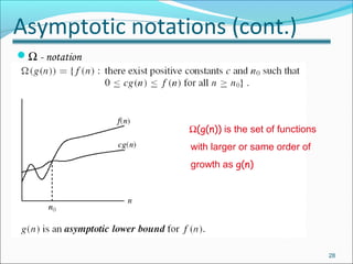 Asymptotic notations (cont.)
Ω - notation
28
Ω(g(n)) is the set of functions
with larger or same order of
growth as g(n)
 