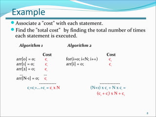 Example
Associate a "cost" with each statement.
Find the "total cost” by finding the total number of times
each statement is executed.
Algorithm 1 Algorithm 2
Cost Cost
arr[0] = 0; c1 for(i=0; i<N; i++) c2
arr[1] = 0; c1 arr[i] = 0; c1
arr[2] = 0; c1
... ...
arr[N-1] = 0; c1
----------- -------------
c1+c1+...+c1 = c1 x N (N+1) x c2 + N x c1 =
(c2 + c1) x N + c2
8
 